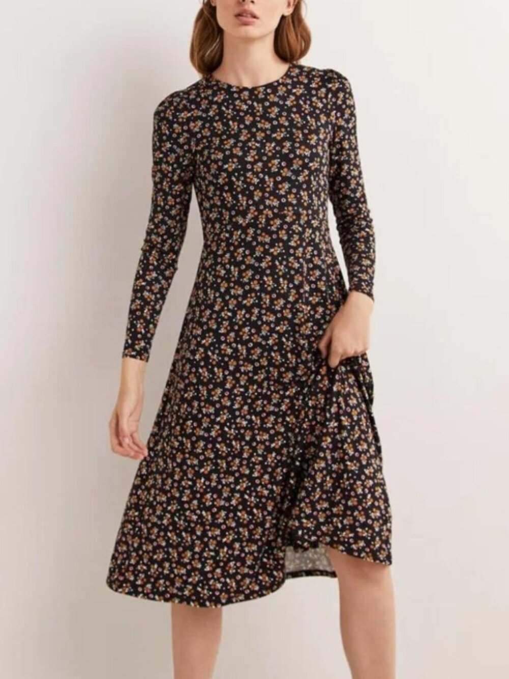 Boden 10 Long US Crew Neck Jersey Midi Dress stretch jersey A-line ditsy floral